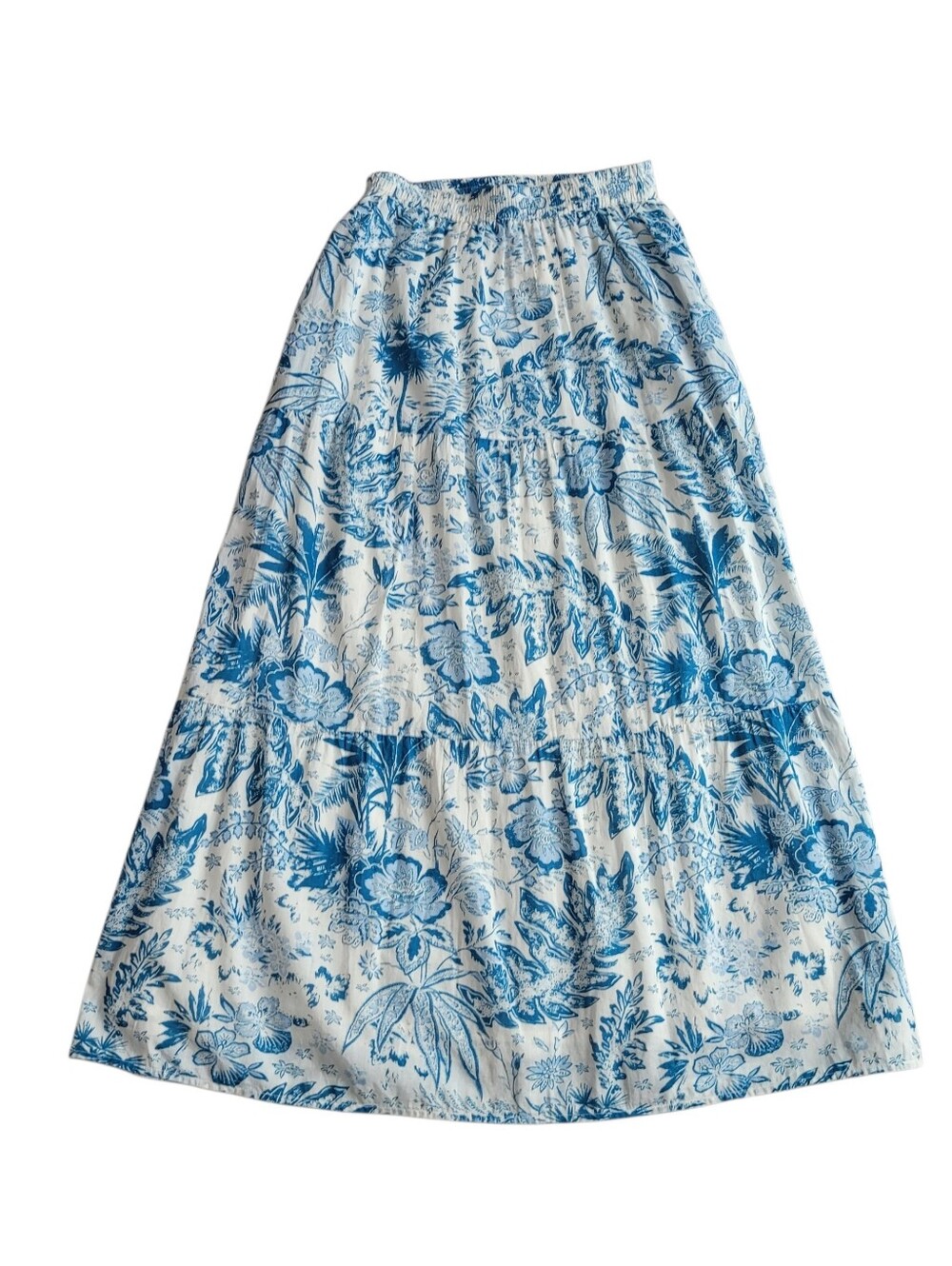 Elan Blue & White Tropical Floral Tiered Maxi Skirt 100% Cotton Elastic Waist S - Picture 3 of 8